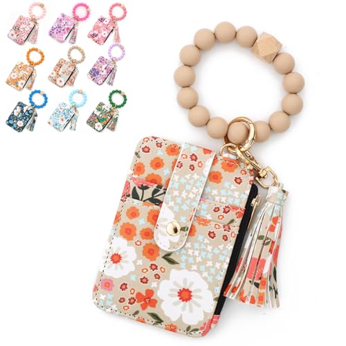 Women's Boho Beaded Wallet with Flower Pattern Boho Style Beaded Tassel Decorated Keychain Wristlet Wallet Card Holder Purse (Yellow) von Generisch