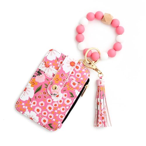 Women's Boho Style Beaded & Tassel Decorated Keychain with Flower Pattern Wallet, Boho Beaded Wallet, Bracelet Keychain Wallets (Dark Pink) von Generisch