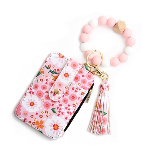 Women's Boho Style Beaded & Tassel Decorated Keychain with Flower Pattern Wallet, Boho Beaded Wallet, Bracelet Keychain Wallets (Light Pink) von Generisch