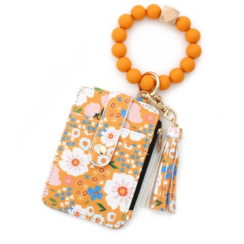 Women's Boho Style Beaded & Tassel Decorated Keychain with Flower Pattern Wallet, Bracelet Keychain Wallet for Women (Yellow) von Generisch