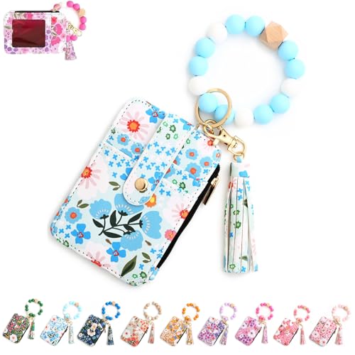 Women's Boho Style Beaded & Tassel Decorated Keychain with Flower Pattern Wallet, Wristlet Keychain Wallet for Women (Light Blue,one Size) von Generisch
