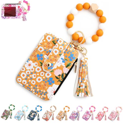 Women's Boho Style Beaded & Tassel Decorated Keychain with Flower Pattern Wallet, Wristlet Keychain Wallet for Women (Yellow,one Size) von Generisch