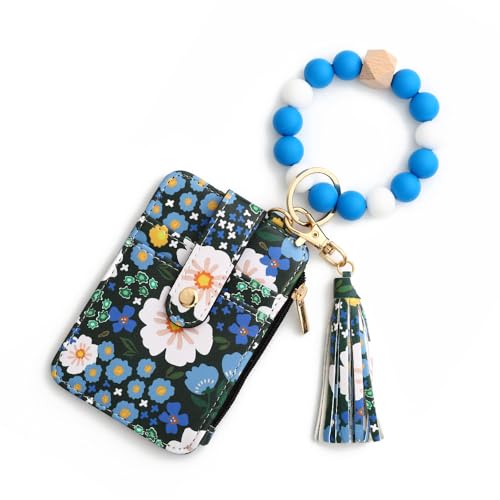 Women's Boho Style Beaded & Tassel Decorated Keychain with Flower Pattern Wallet Wristlet Bag with Clear ID Window Printed Card Holder Keychain Wallet (Dark Blue) von Generisch
