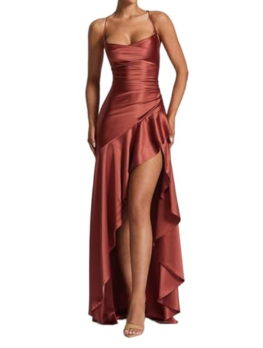 Women's Evening Dresses Long Satin - Tie Gowns with Slit & Ruffles | A-Line Mermaid Cocktail Dress | Spaghetti Straps Prom Gown (Dark Red,L) von Generisch