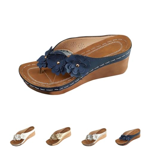 Women's Fashion Floral Slip-On Flip Flops Wedge Sandals, Wedge Sandals Women with Arch Support Slip On Flip Flops Ladies Summer Beach Slides (Blue,41) von Generisch