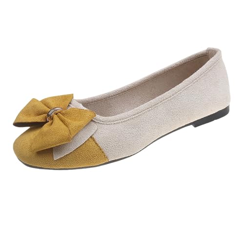 Women's Flat Shoes Spring Summer and Autumn Lightweight Suede Round Toe Shallow Mouth Soft Bottom Bow Single Daily Dating Commuting Large Size Ballet Outdoor Schuhe (Yellow 36) von Generisch