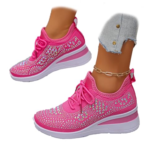 Women's Glittery Rhinestone Fashion Breathable Wedge Sneakers, Casual Sports Shoes,Orthopaedic Mesh Platform Sneakers (Rose Red,36) von Generisch