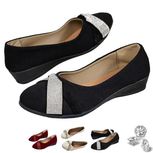 Women's Lightweight Fashion Rhinestone Wedge Shoes Comfortable Orthopedic Slip-On Round Toe Low Heel Casual Shoes (Black,39) von Generisch