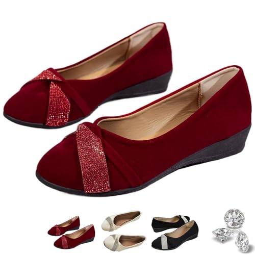Women's Lightweight Fashion Rhinestone Wedge Shoes Comfortable Orthopedic Slip-On Round Toe Low Heel Casual Shoes (Wine Red,42) von Generisch