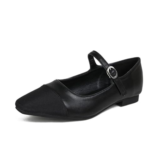 Women's Mary Jane Shoes Classic Buckle Flats with Square Toe & Comfortable Leather Upper Elegant Closed Breathable (Schwarz, Erwachsene, 42, Numerisch, EU Schuhgrößensystem, M) von Generisch