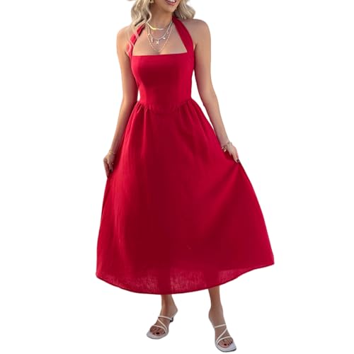 Women's Ruffles Satin Prom Dress, Long A-Line Mermaid Cocktail Dress with Slit & Spaghetti Straps, Elegant Evening Party Cocktail Dresses (Red,S) von Generisch