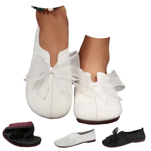 Women 's Vintage Mary Jane Flats mit Bogen Detail, Runde Zehe weiche Sohle Schuhe für Frauen 2025 Neue Bequeme Flache Ballett-Schuh (White,36) von Generisch