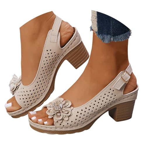 Womens Open Toe Ankle Strap Chunky High Heels Sandalen Schuhe 2025 Sommer Casual Solid Farbe Hollow Out Floral Decor Sandalen Stilvolle Leichtgewicht Plattform Keil Sandale Sommer Mode Schuhe von Generisch