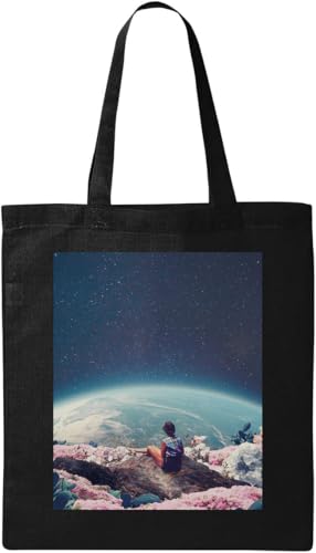 World from Outer Space Retro-Stil Poster natürliche ökologische Baumwolle Tragetasche schwarz, Schwarz , Einheitsgröße von Generisch