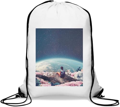 World from Outer Space Retro Style Poster Gym Sack Casual Drawstring Bag White von Generisch