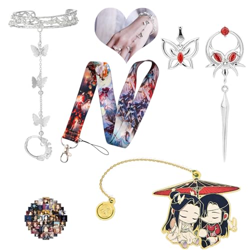 XHBTS 35 Set Tian Guan Ci Fu Ohrringe Lesezeichen Hals Lanyard Schlüsselanhänger Halter Anime Hua Cheng BL Schmetterling Armband Cosplay Prop Geschenke, Metall, Kein edelstein von Generisch