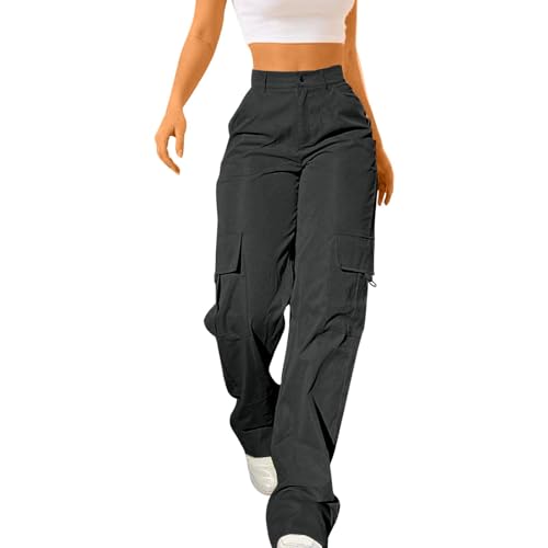 Y2K Cargohose für Damen High Waist Hip Hop Freizeithose Breites Bein Boyfriend Hose Locker Freizeithose Teenager Mädchen Streetwear Cargo Hosen mit Taschen Parachute Hip Hop Pants von Generisch