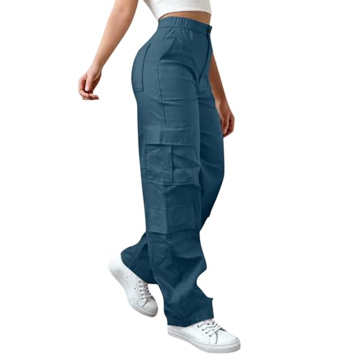 Y2K Cargohose für Damen High Waist Hip Hop Freizeithose Breites Bein Boyfriend Hose Locker Freizeithose Teenager Mädchen Streetwear Cargo Hosen mit Taschen Parachute Hip Hop Pants von Generisch