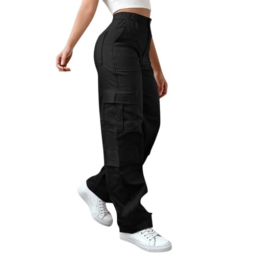 Y2K Cargohose für Damen High Waist Hip Hop Freizeithose Breites Bein Boyfriend Hose Locker Freizeithose Teenager Mädchen Streetwear Cargo Hosen mit Taschen Parachute Hip Hop Pants von Generisch