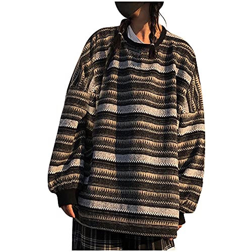 Y2K Pullover Damen Herren Strickpullover Oversize Rundhals Langarm Gestreifte College Strickpulli Teenager Mädchen Pullover Retro Winter Mode Pullover Oberteile Tops von Generisch