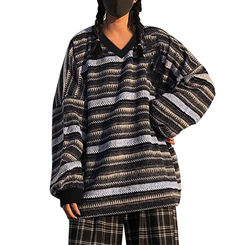 Y2K Pullover Damen Herren Strickpullover Oversize V Neck Langarm Gestreifte College Strickpulli Teenager Mädchen Pullover Retro Winter Mode Pullover Oberteile Tops von Generisch