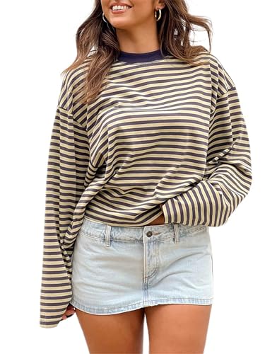 Y2k Damen Gestreiftes Cropped Shirt mit überschnittenen Schultern und Langen Ärmeln, Langarm-T-Shirt mit Rundhalsausschnitt und Boxy-Design, Frühling/Herbst, süß, adrett (Yellow,L) von Generisch
