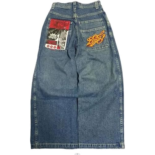 Y2k jeans herren baggy print Gerade Bein Baggy jeanshose mit Taschen Stickerei vintage Freizeithose streetwear Casual strandhose leichte high waist stoffhose bequeme sommerhosen pants Light Blue XXL von Generisch