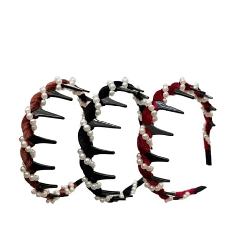 Yamloveme Vintage High Cranium Artificial Pearl Hairband For Girl,Yamloveme Headband With Teeth, Fashion Hair Accessories Braid Tool Non Slip Hairbands(3pcs) von Generisch