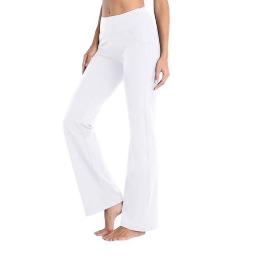 Generisch Yogahose mit Taschen, weites Bein, solide Glockenhose, Bootleg-Sweathose für Damen, mit Taschen, Bootcut, gerades Bein, Aktivhose, Po-Lifting, Komfort-Baumwolle, Loungehose, weiß, M von Generisch