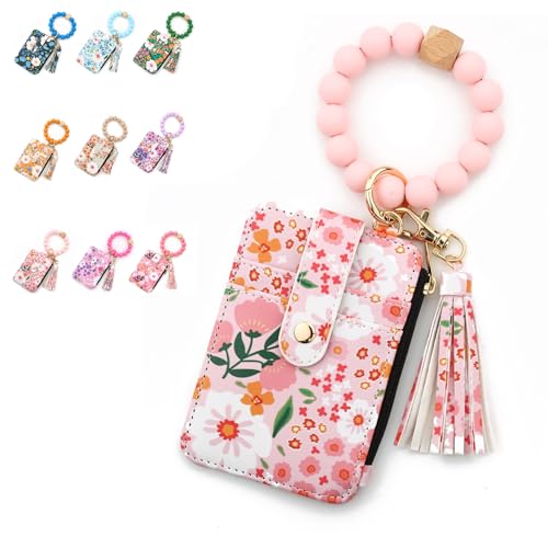 Yum2000 Boho Wristlet Handbag, Womens Boho Style Beaded and Tassel Keychain Wallet, Wristlet Keychain Card Holder (Light Pink) von Generisch