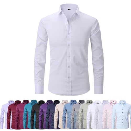 Zealburst Shirts Zealburst Stretch Bügelfrei Anti-Falten Hemd Herren Super Stretchy Schnell Trocknend Atmungsaktiv Kleid Hemd, Weiß-Lang, XS von Generisch