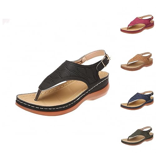 Zehentrenner Sandalen Damen Leder - Plateau Sandaletten Orthopädische Flip Flops Schnalle Riemchensandalen Weite H Outdoorsandalen Offener Zeh Sommerschuhe Strand Keilsandalen von Generisch