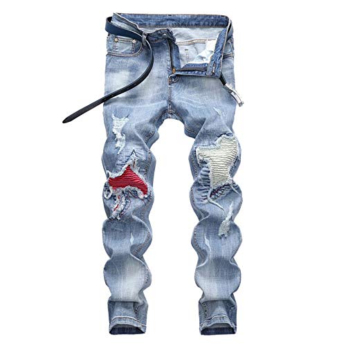 Zerrissene Biker Jeans FüR Herren Jeanshose Mit Hip Hop Kontrast-Patches Destroyed Slim Moto Jeanshose Mit Geradem Bein (42,Hellblau) von Generisch