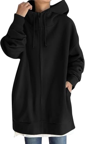 Zipper Hoodie Damen Oversize Langarm übergangsjacke Kapuzenjacke Einfarbig Herbst Winter Y2K Jacken Große Größen Gefüttert Fleecejacke Sportjacke Winddicht Warm Locker Hoody Oberteile Mit Taschen von Generisch