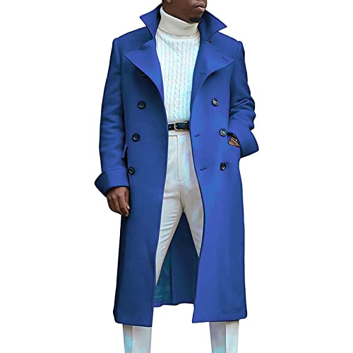 Zweireihiger Langer Trenchcoat für Herren Winter Windbreaker Mantel mit Revers Lässige Schmal Geschnittene Business Erbsenjacke (Blau,M) von Generisch