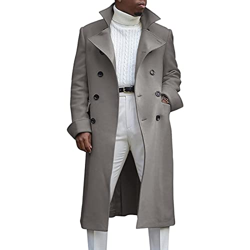 Zweireihiger Langer Trenchcoat für Herren Winter Windbreaker Mantel mit Revers Lässige Schmal Geschnittene Business Erbsenjacke (Grau,3XL) von Generisch