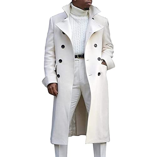 Zweireihiger Langer Trenchcoat für Herren Winter Windbreaker Mantel mit Revers Lässige Schmal Geschnittene Business Erbsenjacke (Weiß,XXL) von Generisch