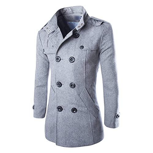 Zweireihiger Wintermantel für Herren Klassischer MittelLanger Caban aus Wollmischung Slim Fit Outdoor Trenchjacke mit Stehkragen (M,Hellgrau) von Generisch