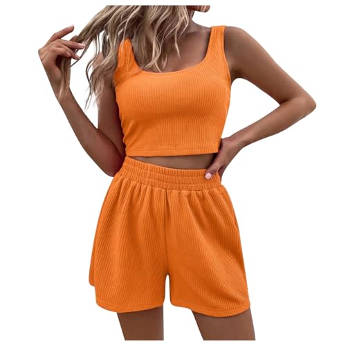 Generisch Sommer Outfits Damen, Zweiteiler Damen Sommer Hosenanzug Elegant Outfits Kleidung 2 Teiler Set Crop Tank Top + Shorts Y2k ärmelloses Yoga Set Workout Sport Anzug Orange von Generisch
