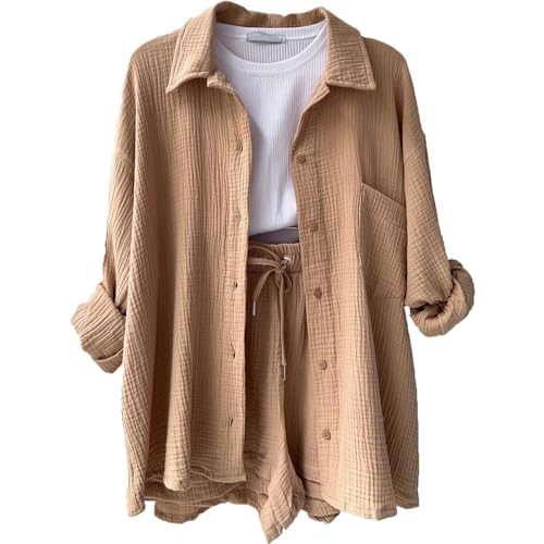 Zweiteiler Damen 2024 Mode Musselin Bluse Elegant Lounge Set Sommer Must Haves Strand Outfit Urlaub 2 Teiler Set Freizeit Oberteile Locker Loungewear Freizeitanzug Hemd und Short(A05 Khaki,XXL) von Generisch