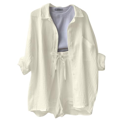 Zweiteiler Damen 2024 Mode Musselin Bluse Elegant Lounge Set Sommer Must Haves Strand Outfit Urlaub 2 Teiler Set Freizeit Oberteile Locker Loungewear Freizeitanzug Hemd und Short(A08 White,L) von Generisch