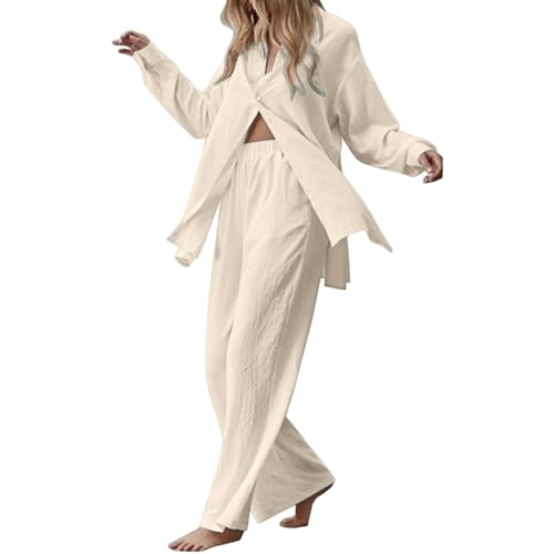 Zweiteiler Damen Bluse Leinenhemd Lässige Einreihiger Musselin Set Lockere Atmungsaktive Langärmeliger Hemd Baumwolle Elegant Leinen Mit Weitem Bein Lockerer Modischer Freizeitanzug (1-Yellow, S) von Generisch