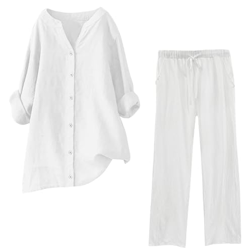 Zweiteiler Damen Musselin Set Hosenanzug Sommer Baumwolle Zweiteiler Leinen Bluse Langarm + Leinenhose Baggy Leichte Weit Bein Hose Set Leinenanzug Große Größen Einfarbig Freizeitanzug (01 White, M) von Generisch