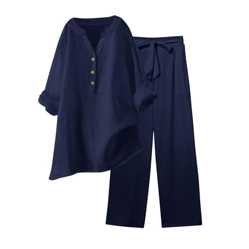 Zweiteiler Damen Musselin Set Hosenanzug Sommer Baumwolle Zweiteiler Leinen Bluse Langarm + Leinenhose Baggy Leichte Weit Bein Hose Set Leinenanzug Große Größen Einfarbig Freizeitanzug (02 Navy, XXXL) von Generisch