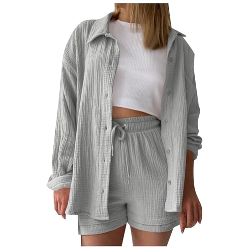 Zweiteiler Damen Sommer Clothes Aesthetic Hemd und Shorts 2 teiler Set Lässiges Elegante Strand Outfit Set Musselin Bluse Casual Bequeme Loungewear Set Women mit Taschen Gummiband Two Piece Set von Generisch