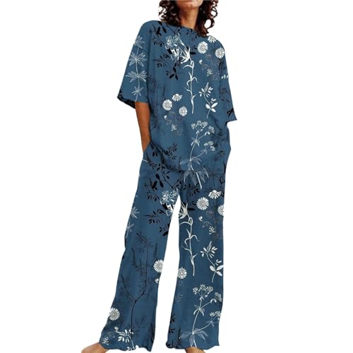 Zweiteiler Damen Sommer Elegant - 2 Teiler Damen Musselin Bluse Shirt Und Weite Beinhose Outfits Rundhals Lose Loungewear Blumenmuster Bunt Druck Hausanzug Kurzarm Tracksuit Freizeitanzug von Generisch
