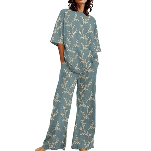 Zweiteiler Damen Sommer Elegant - 2 Teiler Damen Musselin Bluse Shirt Und Weite Beinhose Outfits Rundhals Lose Loungewear Blumenmuster Bunt Druck Hausanzug Kurzarm Tracksuit Freizeitanzug von Generisch