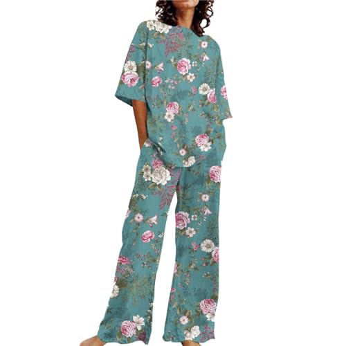Generisch Zweiteiler Damen Sommer Elegant - 2 Teiler Damen Musselin Bluse Shirt Und Weite Beinhose Outfits Rundhals Lose Loungewear Blumenmuster Bunt Druck Hausanzug Kurzarm Tracksuit Freizeitanzug von Generisch