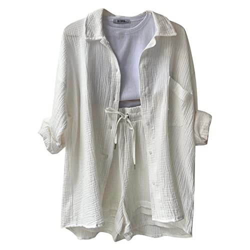 Zweiteiler Damen Sommer Musselin Bluse Hemd und Shorts Clothes Elegant Aesthetic Lounge Set Strand Outfit Set Two Piece Mode Leicht Urlaub Freizeit Oberteile Strand Loungewear Freizeitanzug Outfit von Generisch