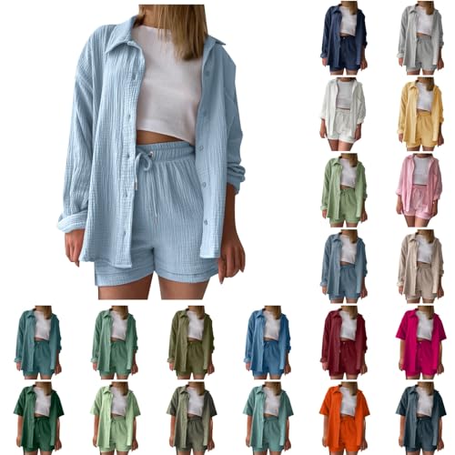 Zweiteiler Damen Sommer Musselin Bluse Hemd und Shorts Elegant Aesthetic Clothes Lounge Set 2 Teiler Set Summer Leicht Urlaub Freizeit Oberteile Strand Loungewear Freizeitanzug Hausanzug Travel Outfit von Generisch